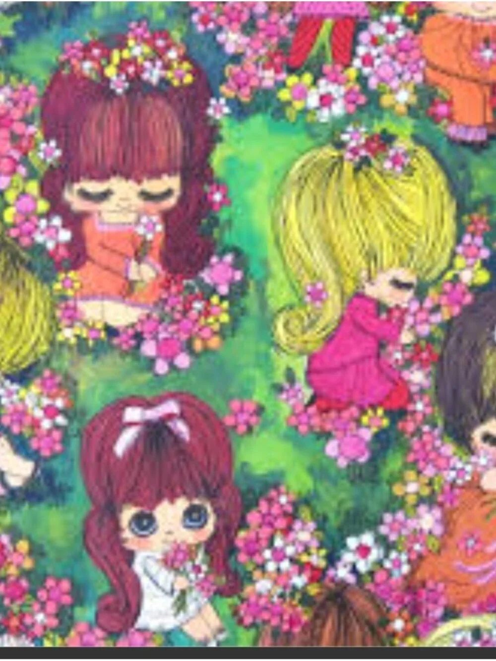 Vintage kitsch Big Eyes Illustrated Girls Floral 60s Gift Wrap Paper Sealed Rare